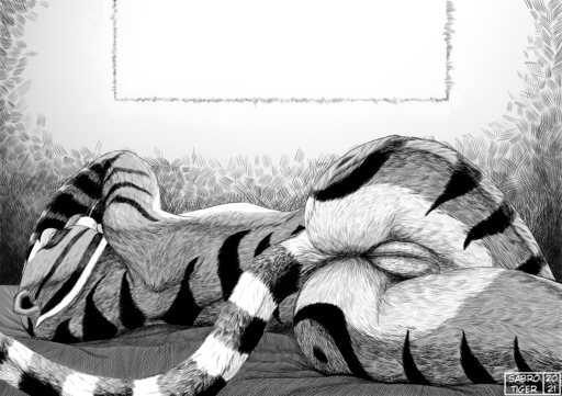2021 anthro anus bed butt detailed detailed_fur felid female furniture genitals lying mammal master_tigress monochrome on_side pantherine pussy rear_view sabrotiger signature solo stripes tiger // 1530x1080 // 922.7KB