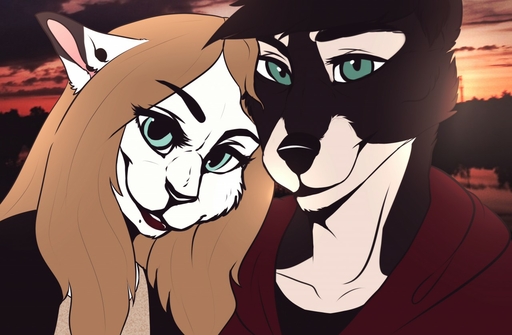 anthro anthro_on_anthro black_hair blue_eyes brown_body brown_fur brown_hair canid canine canis catherinemeow clothed clothing detailed_background domestic_cat domestic_dog duo felid feline felis female fur hair love male malefemale mammal open_mouth open_smile romantic_ambiance romantic_couple smile teeth white_body white_fur // 1280x837 // 144.4KB