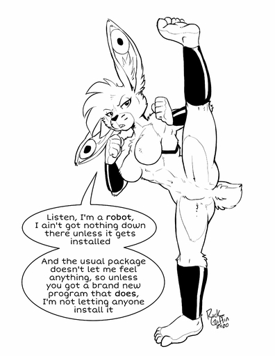 2020 5_toes absurd_res annoyed anthro biped black_and_white breasts buckteeth dialogue digital_media_(artwork) dimes_(ani-droids) english_text featureless_breasts featureless_crotch feet female flexible hi_res lagomorph leporid looking_at_viewer machine mammal monochrome nude rabbit raised_leg rick_griffin robot solo speech_bubble talking_to_viewer teeth text toes // 3165x4096 // 669.8KB