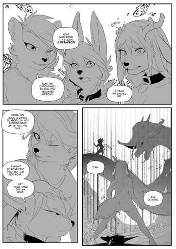 2018 anthro antlers breasts canid canine canis cervid collar comic corablue dialogue digital_media_(artwork) domestic_dog english_text female fight greyscale group hand_on_head hi_res horn magic_user mammal monochrome nude open_mouth profanity scalie scar speech_bubble text witch // 1414x2000 // 820.6KB