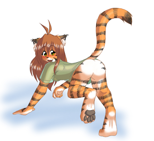 2005 anthro ass_up biped blush bottomless breasts brown_hair butt claws clothed clothing conditional_dnp digitigrade featureless_crotch felid female flora_(twokinds) fur hair keidran looking_back mammal multicolored_body multicolored_fur one_leg_up orange_body orange_fur pantherine pawpads paws presenting presenting_hindquarters raised_leg raised_tail shirt solo striped_body striped_fur stripes tiger tom_fischbach topwear twokinds webcomic webcomic_character white_body white_fur yellow_eyes // 512x471 // 118.8KB