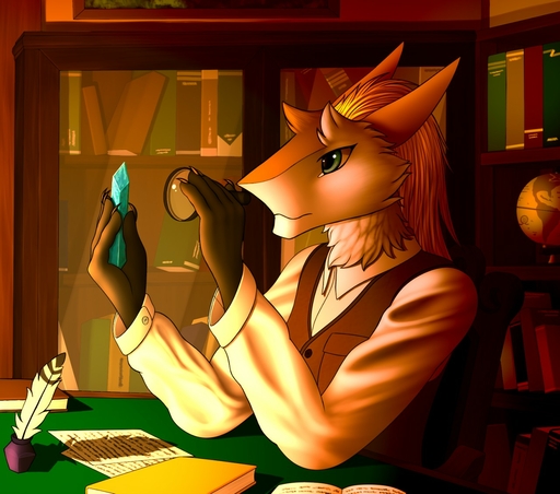 2018 5_fingers clothed clothing detailed_background digital_media_(artwork) fingers green_eyes holding_object male sergal sitting solo tales_foxdale // 1280x1130 // 235.5KB