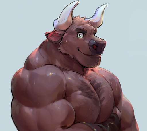 2016 anthro biceps big_biceps big_muscles big_pecs black_nose blue_background body_hair bovid bovine brown_body brown_fur bust_portrait cattle cheek_tuft chest_hair clothed clothing crossed_arms detailed digital_media_(artwork) eyebrows facial_hair facial_tuft fur fur_tuft glistening goatee green_eyes happy head_tuft horn huge_muscles light looking_aside looking_at_viewer male mammal manly muscular muscular_anthro muscular_male null-ghost pecs portrait pose shaded side_view simple_background smile snout soft_shading solo thick_eyebrows topless triceps tuft white_horn // 1093x973 // 75.3KB