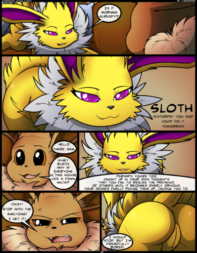 2016 absurd_res annoyed anus black_border black_nose border brown_background brown_body brown_eyes brown_fur butt canid canine casual_nudity comic cute_fangs dialogue duo eevee eeveelution english_text fan_character female feral fur genitals hi_res jolteon kuroodod male mammal neck_tuft nintendo nude open_mouth pokemon pokemon_(species) purple_eyes pussy rear_view sam_(kuroodod) simple_background sloth_(kuroodod) smile speech_bubble teeth text tongue tuft video_games white_body white_fur yellow_body yellow_fur // 2100x2700 // 2.7MB