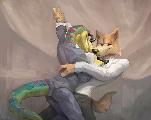 anthro anthro_on_anthro black_tie_(suit) canid canine clothing crossover dancing duo eyewear fox furgonomics gecko gex_the_gecko glasses interspecies klongi lizard male malemale mammal reptile scalie spy_fox suit video_games // 1105x875 // 78.4KB