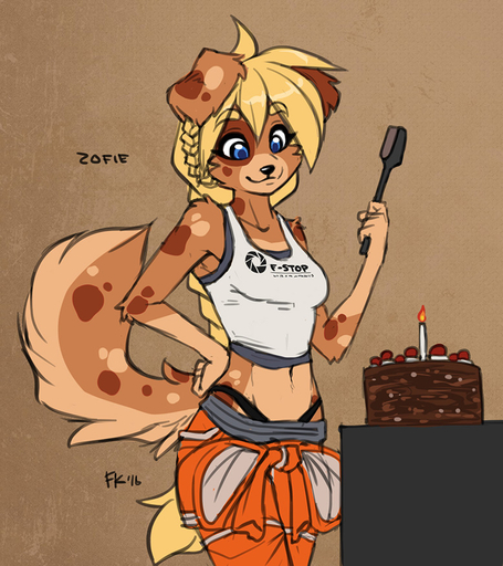 2016 5_fingers anthro black_forest_cake breasts cake canid canine canis chell_(portal) clothed clothing cosplay costume dessert domestic_dog eyebrows eyelashes female fingers fluff-kevlar fluffy fluffy_tail food gloves_(marking) hair hand_on_hip mammal markings meme midriff navel panties portal_(series) solo standing the_cake_(portal) the_cake_is_a_lie thong underwear valve video_games zofie // 779x876 // 236.8KB