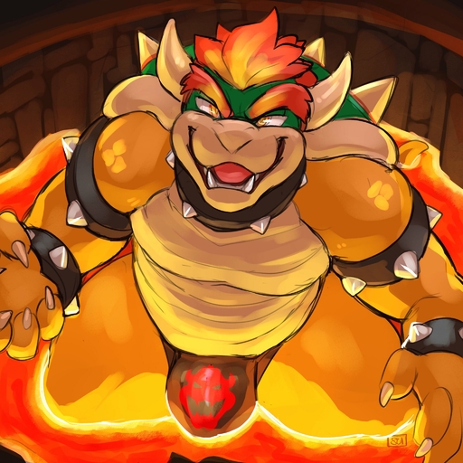 anthro bowser bracelet bulge claws clothing collar fangs hair hi_res high-angle_view horn jewelry jockstrap koopa lava looking_at_viewer male open_mouth orange_hair partially_submerged reptile scalie seibrxan shell slightly_chubby smile solo spiked_bracelet spiked_collar spiked_shell spikes spikes_(anatomy) teeth underwear video_games // 2048x2048 // 432.2KB