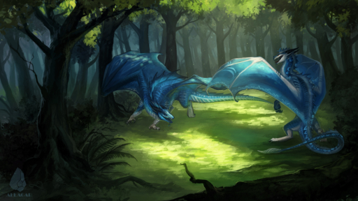 2019 absurd_res allagar ambiguous_gender claws day detailed_background digital_media_(artwork) dragon duo feral forest grass hi_res horn open_mouth outside plant scalie smile spines teeth tongue tree western_dragon // 4178x2350 // 7.2MB