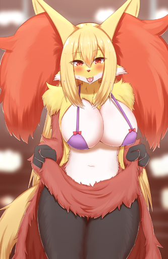 2022 3_fingers anthro big_breasts bikini bikini_top black_body black_fur blep blonde_hair blush breasts brown_body brown_fur canid canine cheek_tuft cleavage clothed clothing cute_fangs delphox facial_tuft female fingers fluffy fur hair hi_res horokusa0519 inner_ear_fluff kemono looking_at_viewer mammal multicolored_body multicolored_fur navel nipple_outline pokemon_(species) portrait red_body red_eyes red_fur red_nose solo swimwear three-quarter_portrait tongue tongue_out translated_description tuft video_games white_body white_fur yellow_body yellow_fur // 1350x2075 // 1.3MB