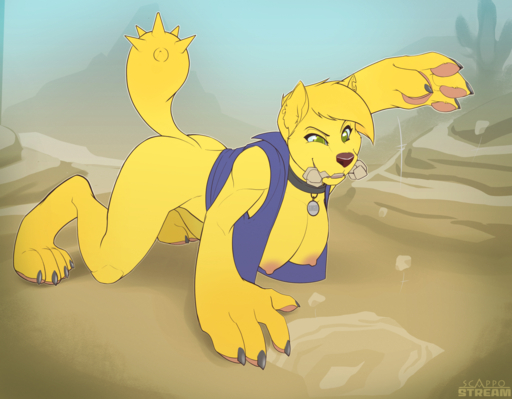anthro bone breasts canid claws clothing collar conditional_dnp diamond_dog_(mlp) female friendship_is_magic fur hasbro mammal my_little_pony nipples outside pawpads paws scappo solo yellow_body yellow_fur // 1500x1169 // 1.6MB