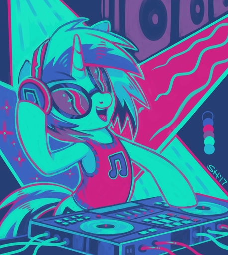 2017 blue_hair clothed clothing color_swatch cutie_mark disc_jockey equid equine eyewear female feral hair headphones hooves horn horse inside mammal multicolored_hair music musical_note open_mouth open_smile portrait shirt short_hair signature smile solo sorc speaker sunglasses tank_top teeth tongue topwear turntable_(decks) two_tone_hair unicorn vinyl_scratch_(mlp) // 952x1065 // 152.5KB