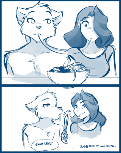 2019 annoyed anthro blue_and_white blush bowl canid canine canis chest_tuft clothed clothing conditional_dnp dialogue disappointed duo eating english_text female food hi_res human keidran male mammal maren_taverndatter monochrome pasta scissors simple_background sketch smile smirk smug spaghetti sythe_(twokinds) text tom_fischbach topless tuft twokinds unamused webcomic webcomic_character white_background wolf // 1015x1280 // 508.9KB