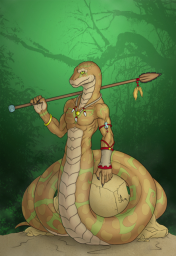 2015 5_fingers abs anthro apode aurancreations draconcopode fingers hi_res holding_object holding_weapon jewelry kalisster_ssin legless looking_at_viewer male melee_weapon naga necklace nude polearm python reptile scalie serpentine snake solo spear weapon // 824x1200 // 1.6MB