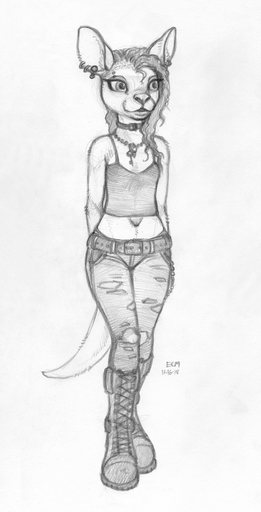 2018 anthro boots bottomwear breasts cailey clothed clothing collar ear_piercing ecmajor eyebrow_piercing facial_piercing female footwear gauged_ear greyscale hair hands_behind_back hi_res kangaroo macropod mammal marsupial midriff monochrome pants piercing simple_background sketch small_breasts solo standing torn_clothing white_background // 643x1263 // 662.1KB