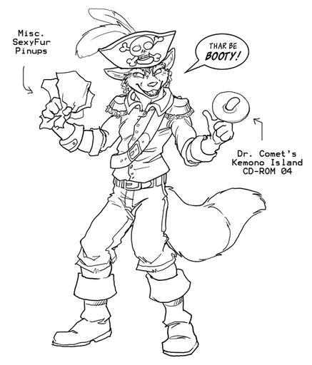 anthro biped black_and_white canid canine caption cd clothed clothing dialogue digital_drawing_(artwork) digital_media_(artwork) directional_arrow english_text fox line_art male mammal monochrome pirate pirating solo standing text zaush // 618x724 // 129.1KB