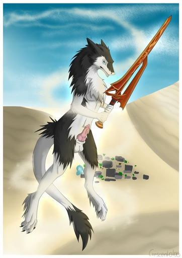 anthro balls chest_tuft crescent0100 erection fur half-closed_eyes hi_res knot looking_at_viewer male melee_weapon narrowed_eyes navel nude outside penis sergal solo sword tapering_penis tuft weapon // 905x1280 // 154.4KB