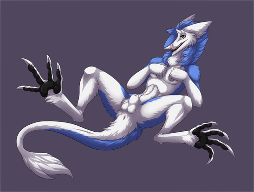 4_toes animal_genitalia anthro anus balls blue_body blue_fur border feet fully_sheathed fur genitals grey_background grey_border hi_res licking licking_lips male multicolored_body multicolored_fur nude pawpads paws presenting self_lick sergal sheath silvergrin simple_background solo spread_legs spreading toes tongue tongue_out two_tone_body two_tone_fur white_body white_fur // 2700x2038 // 1.3MB