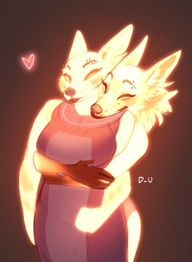 2022 4_ears <3 anthro biped blush canid canine digital_media_(artwork) discreet_user duo embrace eyebrow_piercing eyes_closed facial_piercing female fox fur glowing glowing_body glowing_fur hi_res hug hugging_from_behind mammal multi_ear mylar_(discreet_user) piercing red_background simple_background smile yellow_body yellow_fur // 1500x2048 // 157.5KB