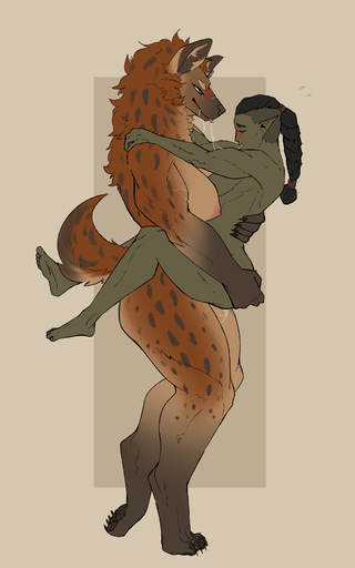 10:16 2021 absurd_res after_kiss anthro black_hair blep blush bodily_fluids braided_hair breasts brown_body brown_fur carrying_partner digitigrade duo female femalefemale fur genital_fluids gnoll green_body green_skin hair hand_on_back hand_on_butt hands_on_shoulders hi_res holding_partner humanoid humanoid_on_anthro hyaenid larger_anthro larger_female mammal muscular muscular_anthro muscular_female muscular_humanoid neck_tuft nipples orc pawpads paws pussy_juice saliva saliva_string scar securipun simple_background size_difference smaller_female smaller_humanoid tongue tongue_out tuft vem_(thermorium) zahraa_(schroedingers_dead_friend) // 2000x3200 // 1.3MB