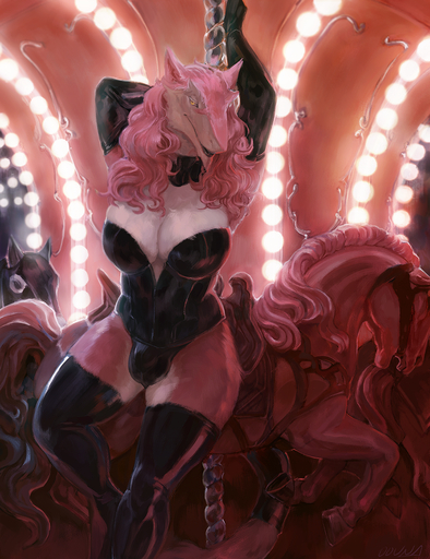 amusement_ride anthro breasts bulge carousel clothing conditional_dnp gynomorph hair hi_res intersex legwear lipstick looking_at_viewer makeup oouna pink_hair rubber sergal solo standing thigh_highs vpaws // 1050x1364 // 2.0MB