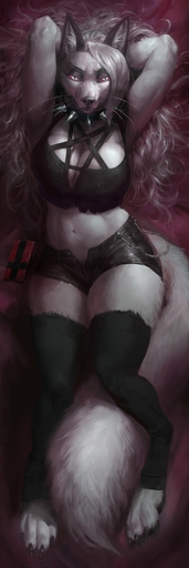 2022 absurd_res anthro canid canid_demon claws clothing collar demon female fur hair hellhound hi_res legwear long_hair looking_at_viewer loona_(helluva_boss) lying mammal navel on_back solo spectrumshift spiked_collar spikes toe_claws // 1067x3200 // 320.3KB