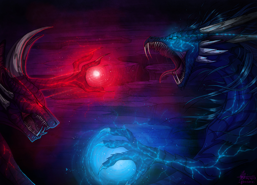 2013 blue_hair claws dragon duo feral glowing glowing_eyes hair hi_res horn neytirix nude open_mouth teeth tongue // 2871x2077 // 2.9MB