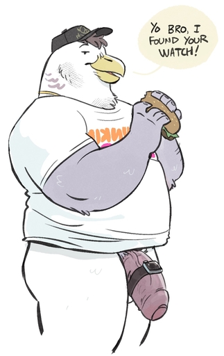 2022 anthro avian beak bird clock clothed clothing columbid dialogue digital_drawing_(artwork) digital_media_(artwork) dramamine eating flaccid food foreskin genitals glans hat headgear headwear hi_res male muscular muscular_anthro muscular_male overweight overweight_male partially_clothed penis pigeon sandwich_(food) simple_background solo watch white_background // 879x1395 // 149.1KB