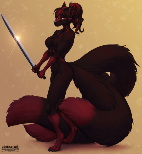 2019 alishka amber_eyes anthro biped breasts brown_body brown_fur canid canine claws digital_media_(artwork) digitigrade dipstick_tail dreamspinner featureless_breasts female fox fur hi_res holding_object holding_sword holding_weapon mammal melee_weapon multi_tail multicolored_tail nocturne_(datban) nude red_body red_fur solo standing sword toe_claws weapon // 1177x1280 // 765.5KB