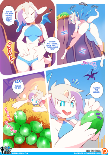 2015 anthro bodily_fluids breasts butt clothed clothing comic dialogue digital_media_(artwork) doxy dragon drooling egg english_text female flying hi_res membrane_(anatomy) membranous_wings nest non-mammal_breasts panties saliva scalie shaded silhouette skimpy text tokifuji underwear unigan wings // 1071x1530 // 1.7MB