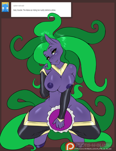 2015 absurd_res anthro anthrofied areola armwear ask_blog avante92 bedroom_eyes big_breasts blush border breasts brown_background brown_border clothing colored covering covering_crotch covering_self crouching earth_pony equid equine female green_eyes green_hair hair half-closed_eyes hi_res hooves horse legwear long_hair looking_at_viewer mammal mane-iac_(mlp) narrowed_eyes nipples pillow pony red_eyes seductive simple_background smile solo spread_legs spreading text url user_avatar // 1900x2477 // 1.1MB
