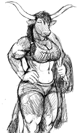 anthro athletic big_breasts black_and_white bovid bovine breasts cattle cleavage clothed clothing female hair hand_on_hip hi_res hladilnik horn mammal monochrome muscular muscular_anthro muscular_female solo towel // 771x1280 // 1.1MB