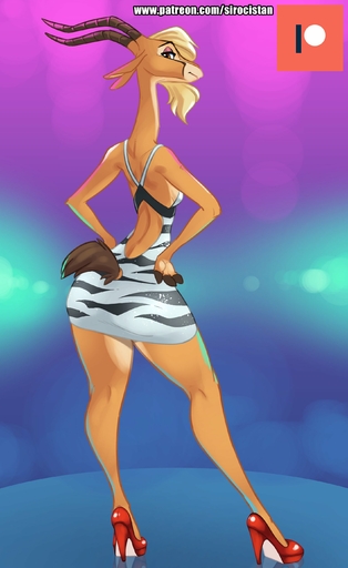 absurd_res antelope anthro blonde_hair bovid butt_pose clothing dress female footwear fur gazelle gazelle_(zootopia) hair hand_on_hip hi_res high_heels horn looking_at_viewer looking_back mammal pattern_clothing pose shoes short_dress siroc solo striped_clothing stripes tan_body tan_fur thick_thighs wide_hips // 1724x2812 // 245.7KB