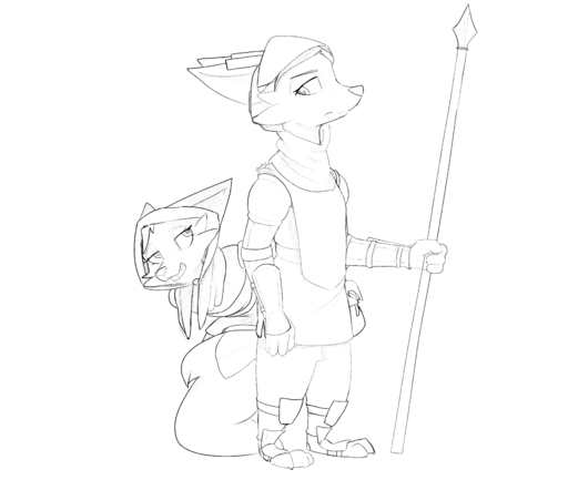 2020 absurd_res anthro armor canid canine clothed clothing duo female fox fully_clothed headgear helmet hi_res holding_object holding_weapon male mammal melee_weapon monochrome polearm simple_background spear standing weapon white_background zhanbow // 4341x3672 // 534.4KB