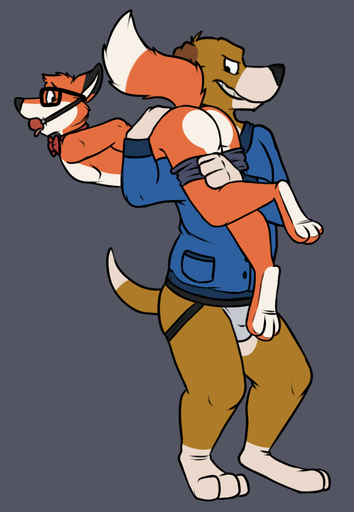 anthro ball_gag bow_tie butt canid canine canis carrying clothed clothing copper_(fath) digital_media_(artwork) domestic_dog duo eyewear flat_colors fox gag gagged glasses jock jockstrap male malemale mammal nerd partially_clothed red_ball_gag rotten_robbie shoulder_carry simple_background standing tod_(fath) topless underwear underwear_down // 587x849 // 131.0KB