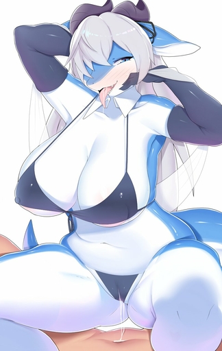 anthro areola big_areola big_breasts bikini blue_body blue_eyes blush bodily_fluids breasts butt_from_the_front cleavage clothed clothing curvy_figure dragon drooling faeki female genital_fluids gloves grey_hair hair handwear hi_res huge_breasts human human_on_anthro interspecies kemono mammal nipple_outline pussy_juice saliva sharp_teeth swimwear teeth thick_thighs tongue tongue_out voluptuous // 800x1265 // 114.4KB