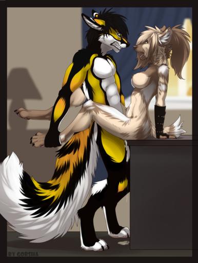 4_toes abs african_wild_dog angry angry_sex ankle_grab anthro anthro_on_anthro anthro_penetrated anthro_penetrating anthro_penetrating_anthro arm_support arms_by_side arms_together backwards_arm_support bent_legs black_hair bodily_fluids body_part_in_pussy breasts canid canine claws clenched_teeth cum cum_drip cum_pool digitigrade dripping duo extended_arms eye_contact feet female female_penetrated fluffy fluffy_tail fox from_front_position furry_tail genital_fluids gorsha_pendragon green_eyes hair hand_on_ankle hi_res jex leaking leg_grab looking_at_another looking_at_partner male malefemale male_penetrating male_penetrating_female mammal medium_breasts nipples nude obscured_penetration open_mouth penetration penile penile_penetration penis_in_pussy platform_sex sex side_view sitting sitting_table_lotus standing standing_sex straight_arms straight_legs teeth toes vaginal vaginal_penetration // 1182x1569 // 1.3MB
