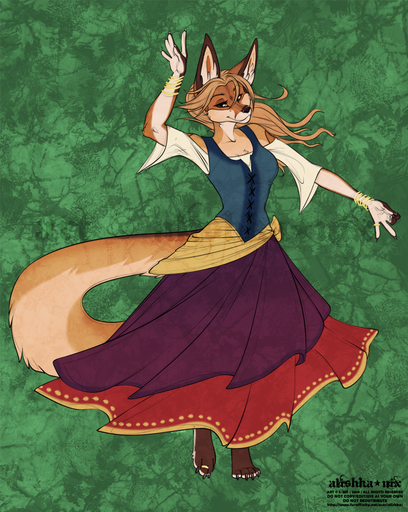 2019 5_fingers alishka anthro black_nose brown_body brown_eyes brown_fur canid canine clothed clothing digital_media_(artwork) english_text eyelashes female fingers fox fur green_background hi_res mammal orange_body orange_fur simple_background smile solo standing tan_body tan_fur text // 1020x1280 // 1.7MB