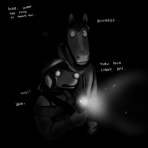 1:1 abandoned abandoned_building black_and_white canid canine canis clothed clothing comic creepy dark domestic_dog duo equid equine female hi_res hladilnik horse male mammal michelle_(hladilnik) monochrome night phone scared school text will_(hladilnik) zebra // 1280x1280 // 61.0KB