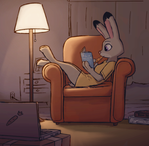 anthro barefoot biped book bottomless carrot chair clothed clothing computer detailed_background dipstick_ears disney enginetrap feet female food fur furniture grey_body grey_fur hi_res holding_book holding_food holding_object inside judy_hopps lagomorph lamp laptop leporid light long_ears mammal multicolored_ears plant purple_eyes rabbit reading reclining shirt solo t-shirt topwear vegetable zootopia // 1269x1250 // 1.0MB