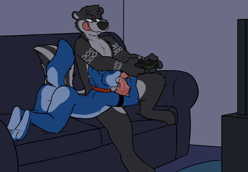 2016 anthro arms_bent bent_arm bent_legs black_body black_fur blue_body blue_fur butt canid canine canis collar controller deke digital_media_(artwork) distracted_sex duo ear_piercing erection eyes_closed feet fellatio flat_colors fur furniture game_controller gaming genitals grey_body grey_fur grin half-closed_eyes hand_on_penis holding_controller holding_game_controller holding_object humanoid_genitalia humanoid_penis interspecies leg_over_edge licking lying male malemale mammal markings mephitid multitasking narrowed_eyes nude on_front open_mouth oral over_edge penile penis penis_grab penis_lick piercing playing_videogame playstation_controller raised_tail robbie_(rotten_robbie) rotten_robbie sex sitting skunk smile sofa toes tongue tongue_out video_games wireless_controller wolf // 1583x1097 // 310.9KB