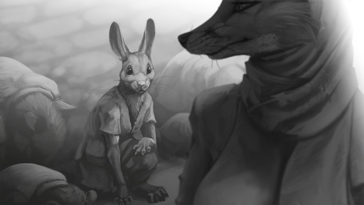 16:9 anthro bowing canid canine claws clothed clothing duo_focus female fox greyscale group ipoke kneeling lagomorph leporid looking_back male mammal monochrome predatorprey rabbit toe_claws whiskers // 1280x720 // 612.2KB