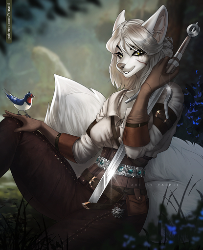 alternate_species ambiguous_gender anthro armor avian bird brown_belt brown_clothing brown_gloves brown_handwear canid canine canis ciri clothing duo female forest furrification gloves hair hand_on_knee hand_on_leg handwear hi_res long_ears long_hair long_tail looking_at_viewer makeup mammal melee_weapon pinup plant pose scar shirt sitting solo sword topwear tree weapon white_clothing white_hair white_shirt white_topwear wolf yasmil // 1020x1259 // 1.5MB