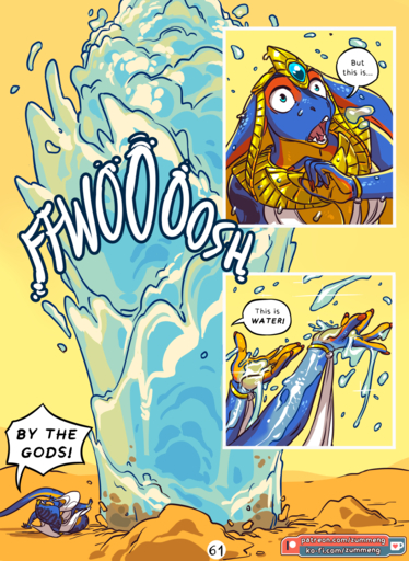 2019 5_fingers anthro blue_eyes clothed clothing comic day detailed_background dialogue digital_media_(artwork) english_text female fingers hair headdress hi_res open_mouth outside reptile sand scalie snake solo speech_bubble surprise teeth text url water zaphira_(zummeng) zummeng // 1169x1600 // 1.1MB