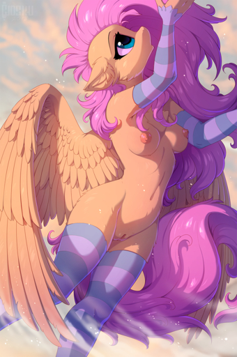 2018 anthro anthrofied areola armwear breasts clothing digital_media_(artwork) equid equine feathered_wings feathers female fluttershy_(mlp) genitals hair hi_res hioshiru horse legwear long_hair mammal nipples pattern_clothing pattern_legwear pegasus pink_hair pussy solo striped_clothing striped_legwear stripes teal_eyes wings yellow_body yellow_feathers // 850x1280 // 1.4MB