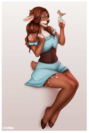 2019 5_fingers anthro avian bird border brown_hair brown_hooves brown_nose cervid clothed clothing digital_media_(artwork) duo feral fingers green_eyes hair hi_res hooves mammal miosha simple_background white_background white_border // 860x1280 // 706.0KB