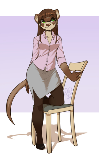 2015 anthro biped bottomwear brown_body brown_fur brown_hair chair clothed clothing digital_media_(artwork) domestic_ferret eyewear female footwear fur furniture glasses green_eyes hair kittydee mammal mustela mustelid musteline shoes simple_background skirt smile solo true_musteline // 688x1116 // 243.0KB