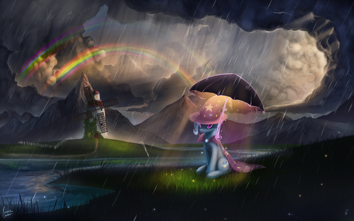 16:10 2014 absurd_res amazing_background blue_body blue_fur cape clothing cloud cutie_mark detailed_background digital_media_(artwork) digital_painting_(artwork) double_rainbow equid equine female fence feral friendship_is_magic fur glowing grass hasbro hat headgear headwear hi_res horse landscape lightning looking_at_viewer mammal mountain my_little_pony outside photonoko plant pony purple_eyes rainbow raining river scenery sitting solo trixie_(mlp) umbrella water widescreen windmill wizard_hat // 4000x2500 // 3.6MB