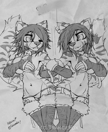 anthro bell breasts cherry_(macmegagerc) clothed clothing collar duo felicia_(tailsrulz) felid female greyscale legwear macmegagerc mammal monochrome pantherine panties sketch skimpy smile standing thigh_highs tiger topless under_boob underwear // 655x800 // 226.1KB