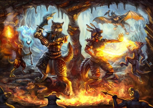2018 anthro armor blue_eyes canid canine canis cave digital_media_(artwork) dragon fight fire fireball group kobold magic magic_user male mammal rakan red-izak sarah_(desaia) scar were werecanid werecanine werewolf wolf // 1200x851 // 231.9KB