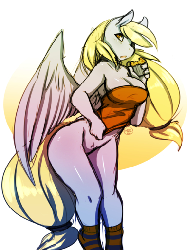 2014 3:4 absurd_res anthro anthrofied avante92 blonde_hair bottomless breasts cleavage clothed clothing derpy_hooves_(mlp) equid equine feathered_wings feathers female food footwear grey_body grey_feathers hair hi_res horse legwear mammal muffin pegasus ponytail shirt socks solo topwear wings yellow_eyes // 1800x2400 // 2.1MB